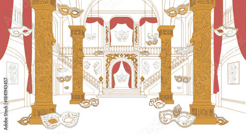 Grand Masquerade Ball Venue with Ornate Columns and Elegant Decor.