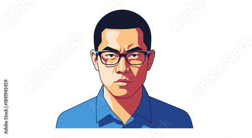 Intense Asian Man with Glasses in Blue Shirt Staring Directly Ahead.