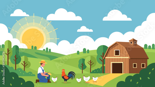 Sunrise over a rural farm where a farmer tends to his happy chickens near a classic barn