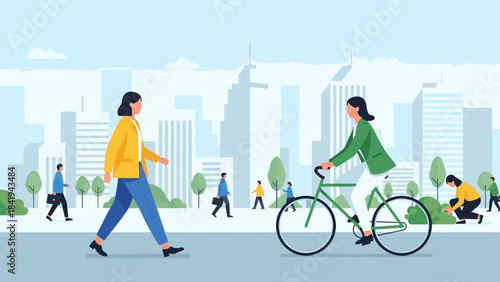 Urban scene with people walking and cycling in a modern city landscape