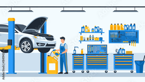 Professional mechanic performing car maintenance and oil change in a well-equipped auto repair workshop