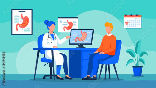 Doctor explaining stomach health to a male patient during a medical consultation