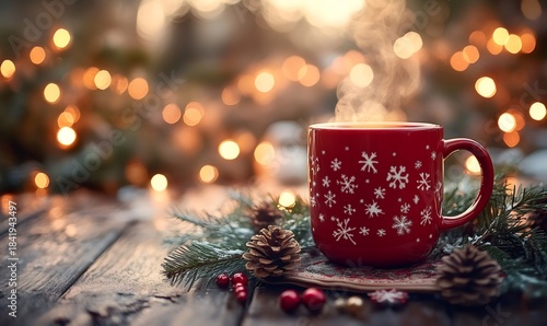 Hot beverage warming a christmas market stall. Festive holiday theme with twinkling lights and pinecones creating a cozy winter atmosphere