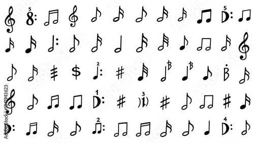A diverse collection of hand-drawn musical notes and symbols in black and white