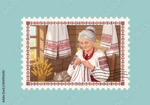 Woman embroidering inside a log cabin with embroidered cloths and wheat