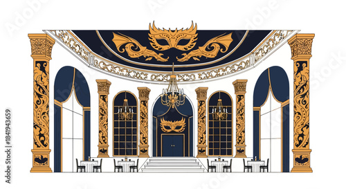 Luxurious Masquerade Ball Stage Design with Ornate Gold and Blue Decor.