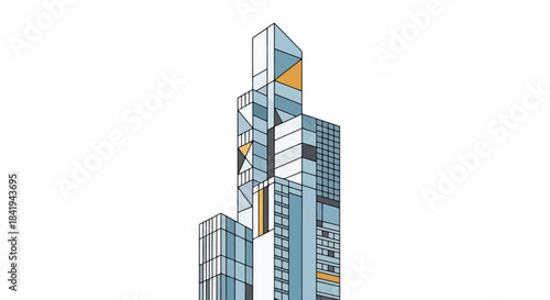Modern Skyscraper Architectural Drawing with Geometric Shapes and Glass Facade.