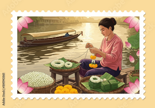 Woman weaving flower garlands beside a canal with a longboat in the background