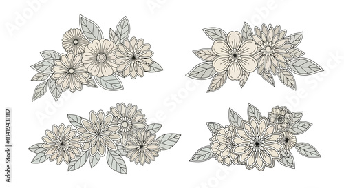 Set of four elegant floral bouquets with delicate blossoms and leaves.