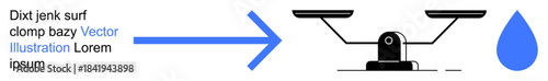Decision making, sustainability, fairness, water conservation, transformation, resource management. Black scales, blue arrow and droplet. Sustainability and transformation concepts