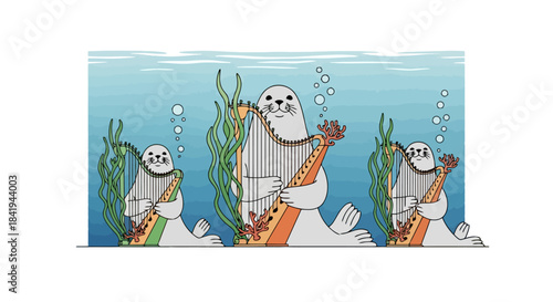 Three cheerful seals playing musical instruments underwater.