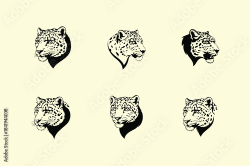 Vintage style illustrations of tiger faces in a repeating pattern on a light background