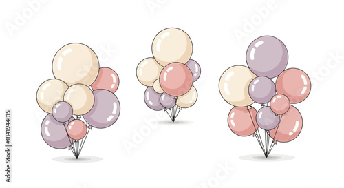 Three colorful balloon bouquets for celebration and party decoration.