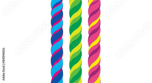 Three colorful twisted candy sticks in vibrant hues.