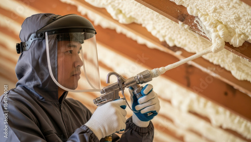 focused contractor applying spray foam insulation to wooden ceiling beams for energy efficient home renovation and professional thermal acoustic sealing work