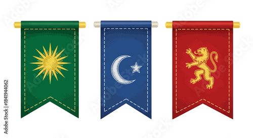 Three distinct medieval heraldic banners with symbolic emblems.