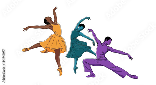 Three diverse dancers in dynamic poses showcasing ballet and contemporary dance styles.