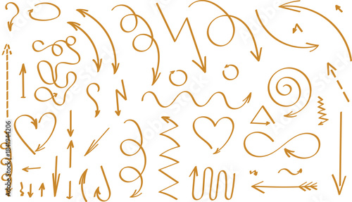 Hand drawn vector arrows set. Gold sketch pointers, doodle hearts, swirls, and scribbles collection.