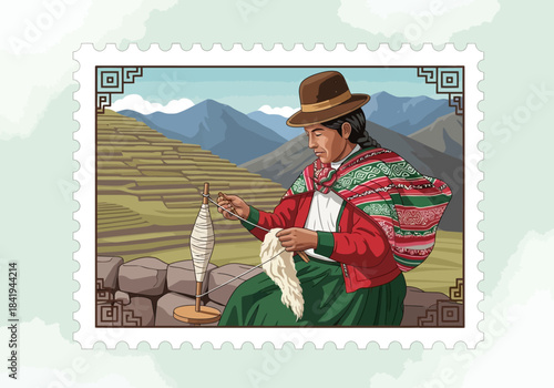 Andean woman spinning wool with terraced fields and mountains backdrop in a stamp format