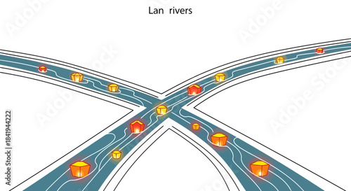 Two intersecting rivers with colorful floating objects.