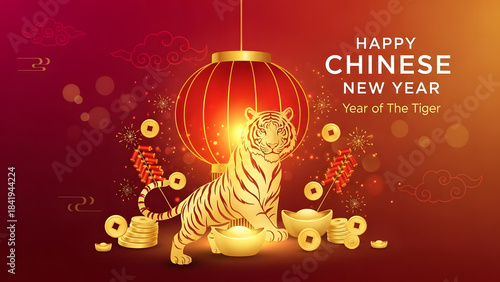Luxury Red and Gold Lunar New Year Background with Lantern
