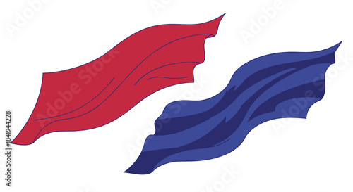 Two Waving Flags Red and Blue Isolated on White Background.