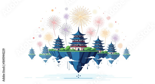 Traditional Asian Pagodas on Floating Islands with Festive Fireworks Display.