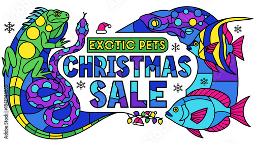 Exotic pets including an iguana, snake, bird, and fish are illustrated in a vibrant, colorful mosaic style, featuring prominent text for a Christmas sale, perfect for a retail advertisement or poster.