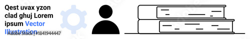 Learning, knowledge sharing, digital tools, profile settings, education, online resources. User profile icon, gear next to it two stacked books. Knowledge sharing and digital tools concept