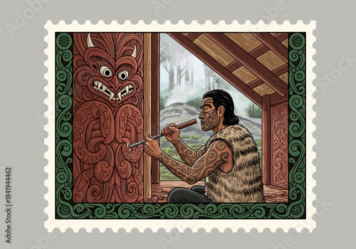 Illustrated stamp featuring a Māori carver working on a wooden panel