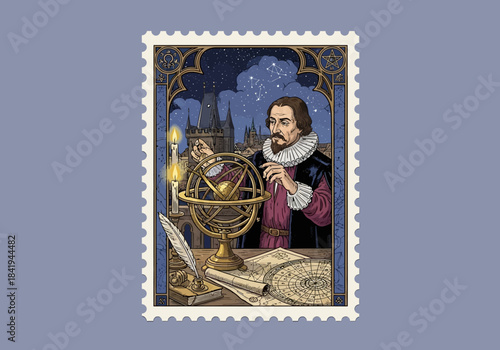Illustration of a man with an armillary sphere set against a starry night sky and castle
