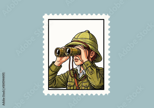 Illustration of an explorer with binoculars framed as a postage stamp