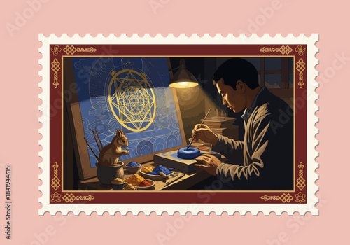 Man painting ceramic under lamp near rabbit with glowing geometric design backdrop