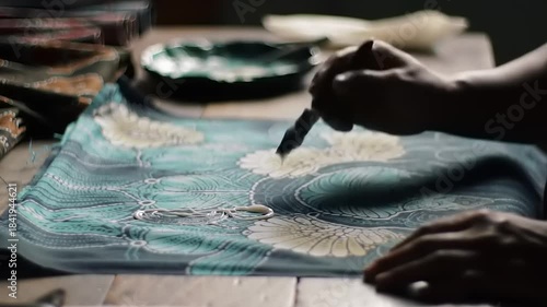 Artisan painting batik fabric detail.