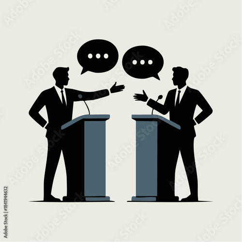 formal exchange: suited figures at podiums with speech bubbles and gestures symbolizing structured debate