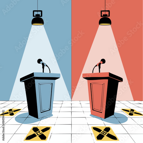 debate stage markers: red and blue podiums under spotlights with numbered floor indicators and split background
