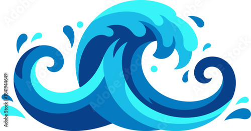 A stylized graphic illustration of a blue ocean wave with splashes and foam, depicting movement and water.