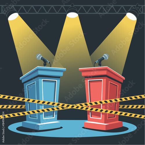 debate on hold: red and blue podiums under spotlights with caution tape signaling restricted political dialogue
