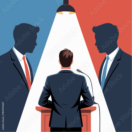 debate spotlight: central speaker at podium flanked by red and blue figures symbolizing ideological confrontation
