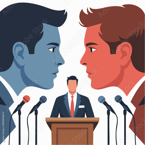 political face-off: stylized debate scene with red and blue figures and central moderator at podium
