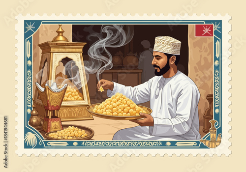 Omani man holding dates beside a smoking incense burner framed as a postage stamp