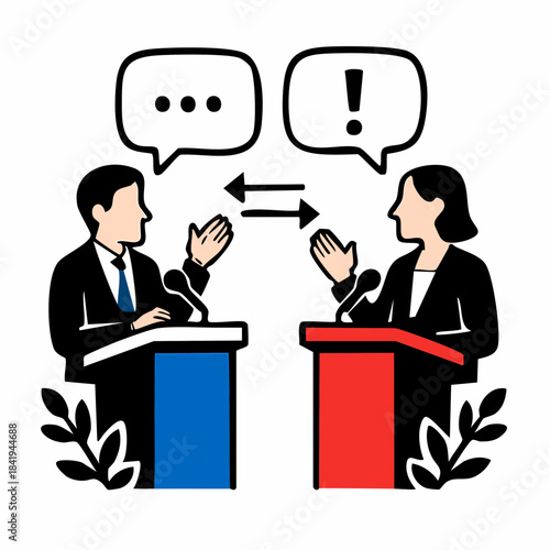 debate in color: stylized podium figures with speech bubbles and arrows symbolizing discourse and opposing views
