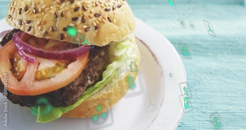 Camera pulling back, green icons drifting left crossing plate, burger centering showcasing textures