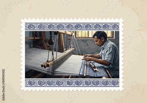 Weaver operating a handloom inside a room framed like a postage stamp