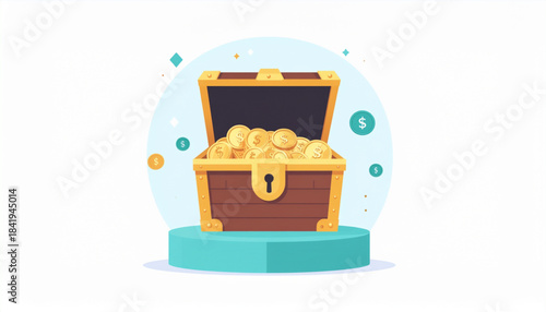 Open Treasure Chest Full of Gold Dollar Coins on a Turquoise Pedestal