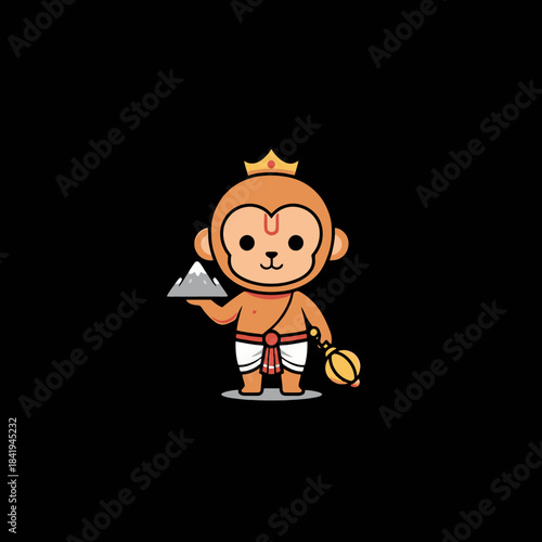 Cute Cartoon Hanuman Holding Mountain and Mace.