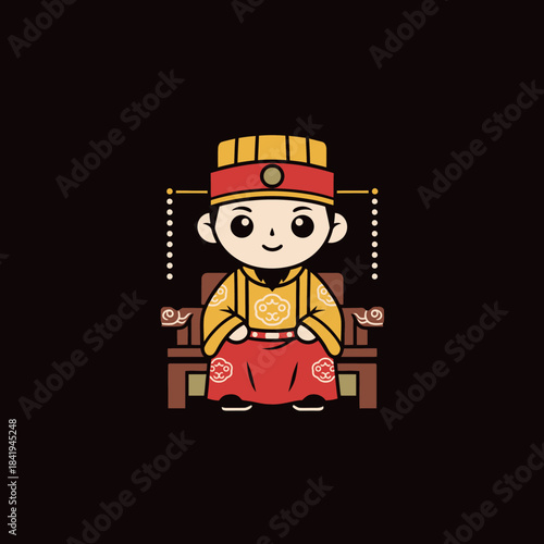Cute Cartoon Emperor Sitting on Throne in Traditional Royal Attire.