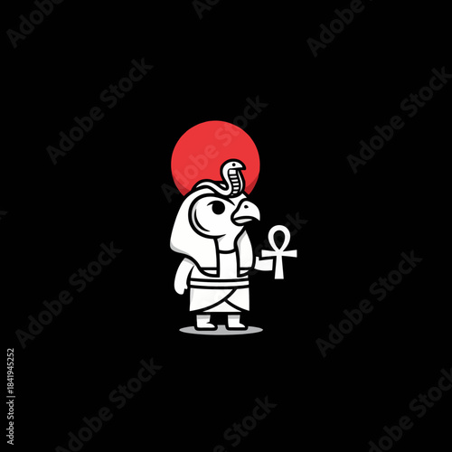 Cute Cartoon Horus Egyptian God with Ankh and Sun Disk.