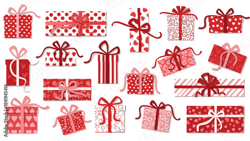 Collection of red and pink gift boxes with ribbons for valentines day