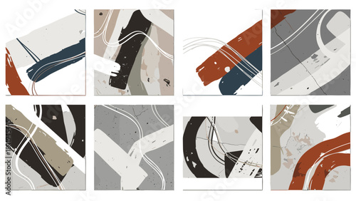 Set of eight abstract minimalist brush stroke art prints in earth tones